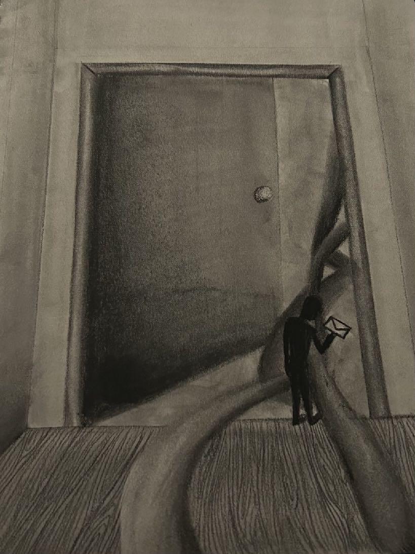 Charcoal drawing: a small figure reading a letter before a vast open door
