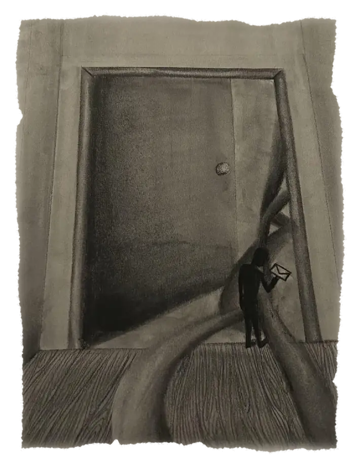 Charcoal drawing: a small figure reading a letter before a vast open door