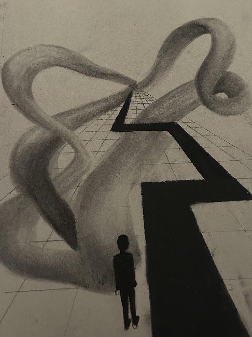 Charcoal drawing: a figure facing a sharp zigzag path across a drafted grid