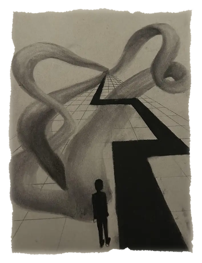 Charcoal drawing: a figure facing a sharp zigzag path across a drafted grid