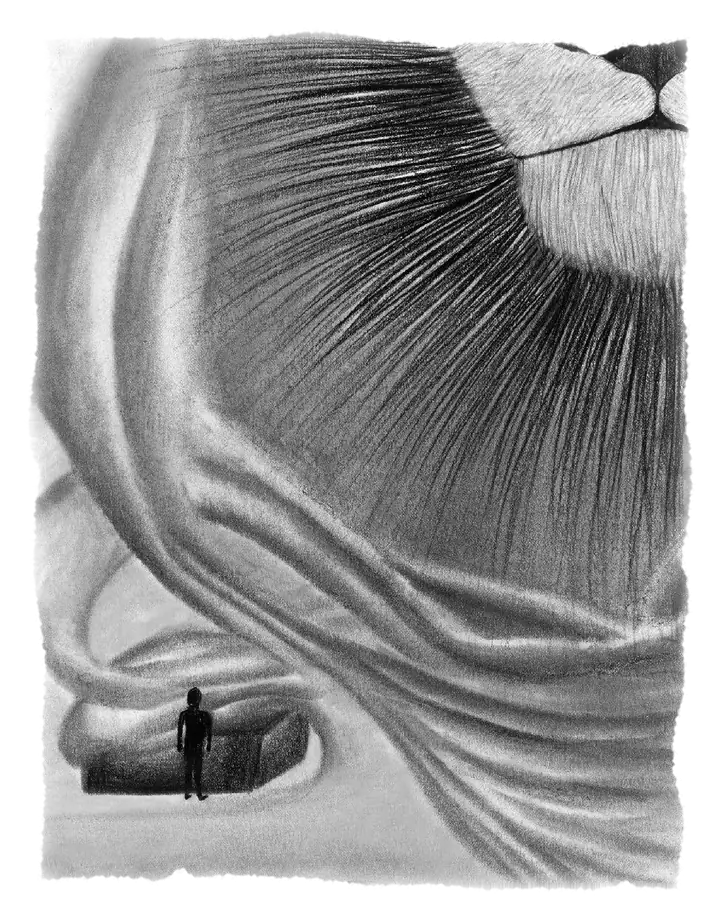Charcoal drawing: a small figure standing beneath the vast face of a lion