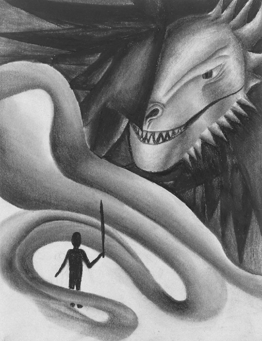 Charcoal drawing: a figure with a sword standing before a coiling dragon
