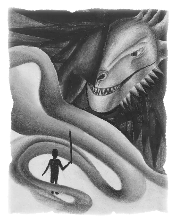 Charcoal drawing: a figure with a sword standing before a coiling dragon