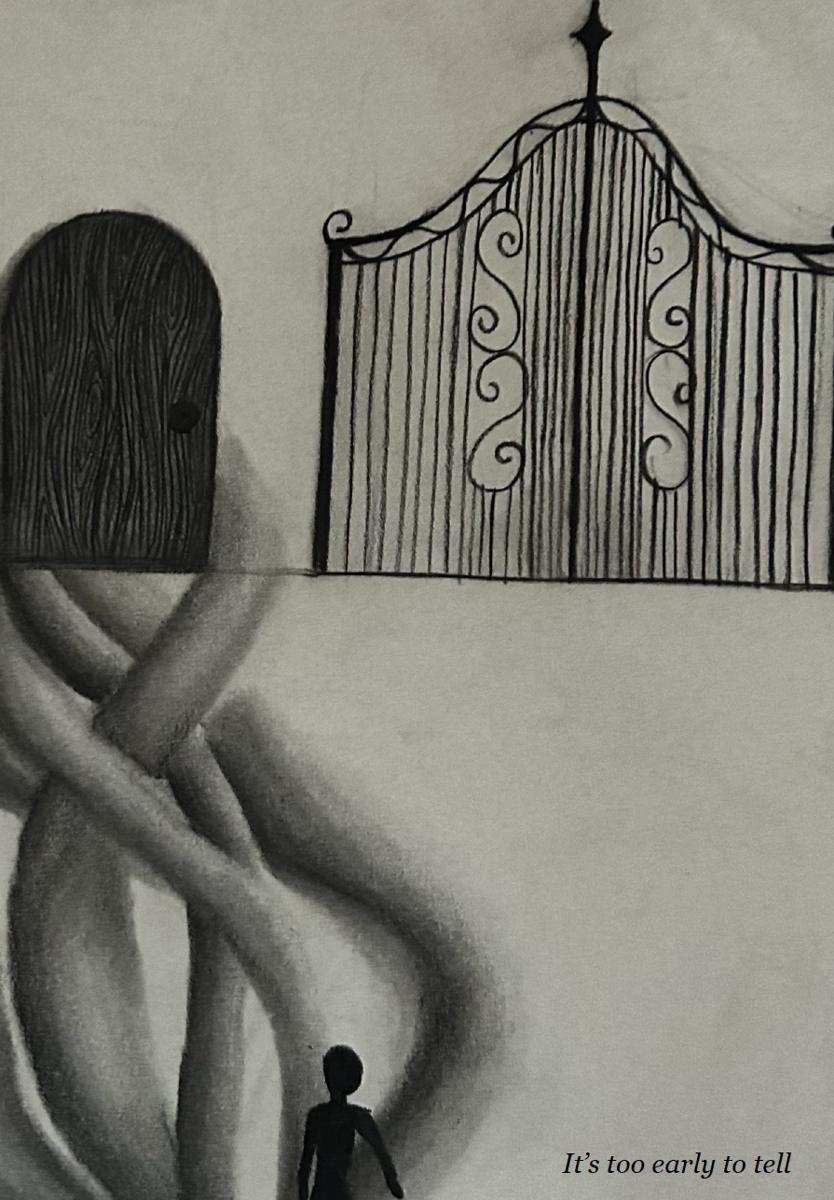 Charcoal drawing: a humble wooden door beside a grand iron gate &mdash; it&rsquo;s too early to tell