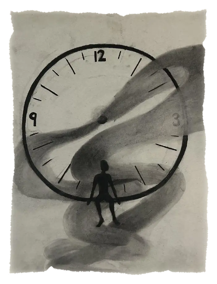 Charcoal drawing: a figure seated inside the rim of a great clock face