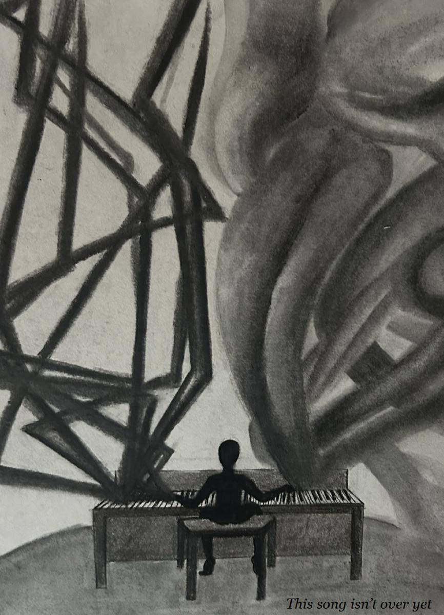 Charcoal drawing: a figure at a piano amid wreckage and rising smoke &mdash; this song isn&rsquo;t over yet
