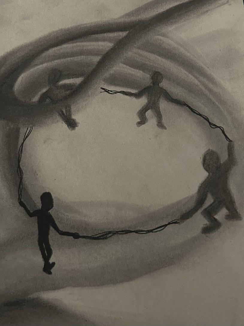 Charcoal drawing: figures joined hand to hand in a circle