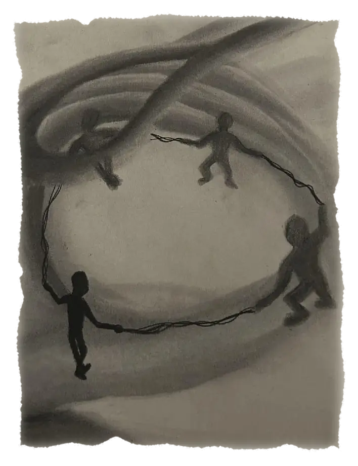 Charcoal drawing: figures joined hand to hand in a circle