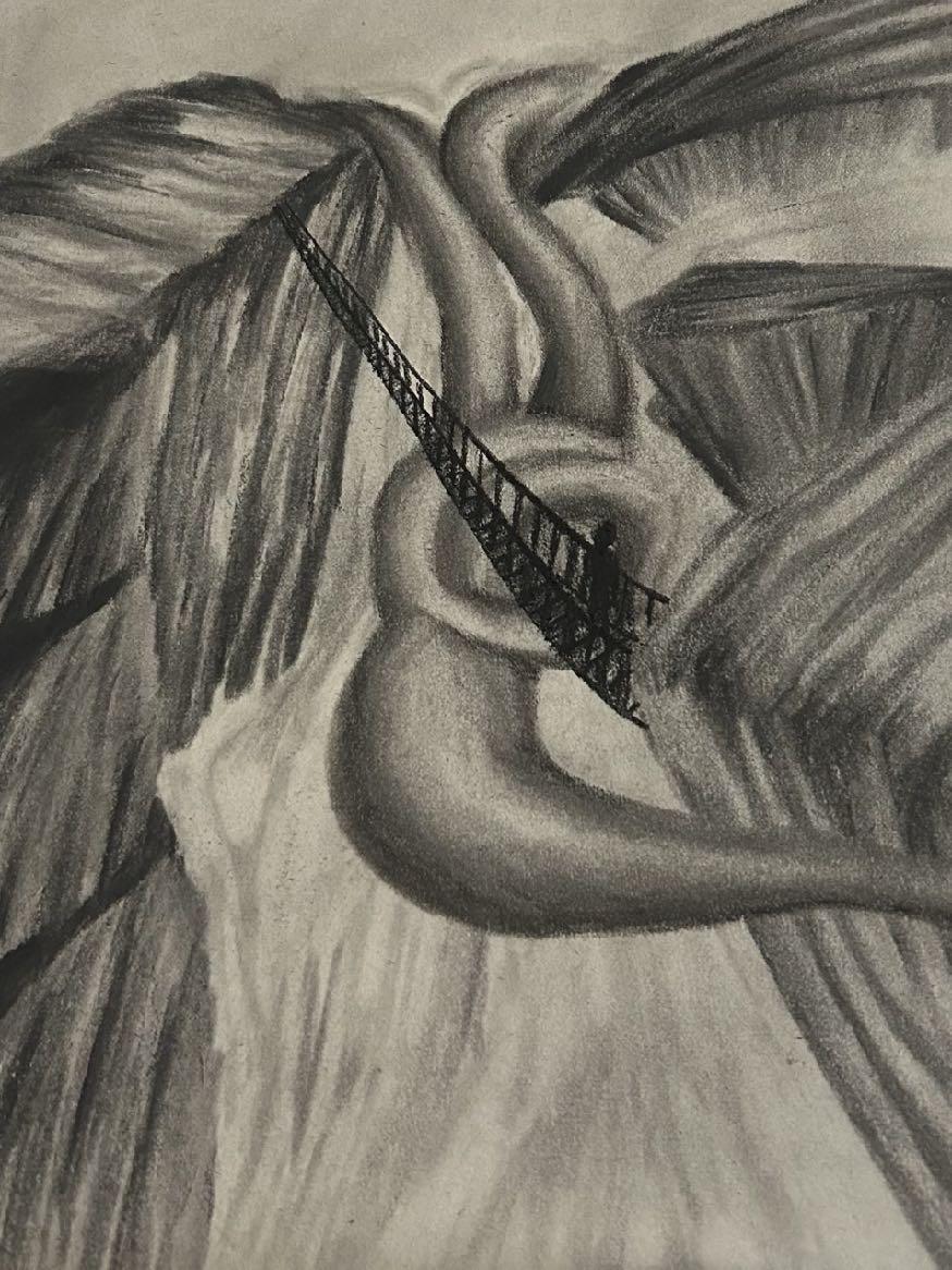 Charcoal drawing: a rope bridge crossing high over a waterfall