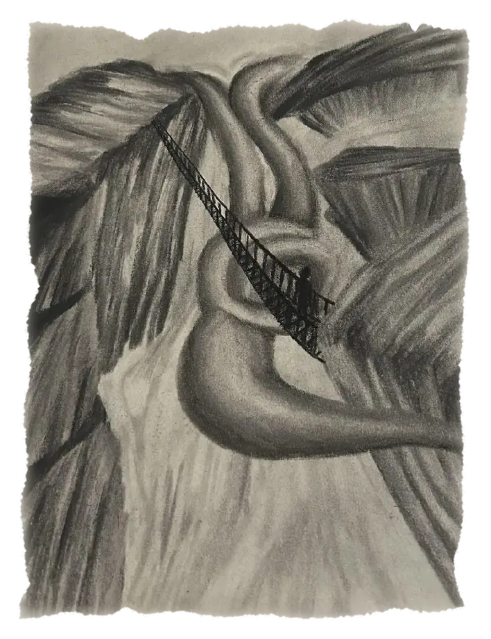 Charcoal drawing: a rope bridge crossing high over a waterfall
