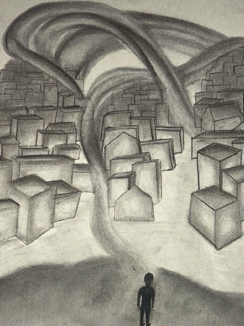Charcoal drawing: a figure before a cluster of buildings tangled in winding roads