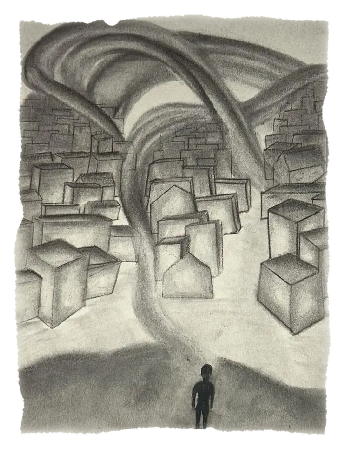 Charcoal drawing: a figure before a cluster of buildings tangled in winding roads