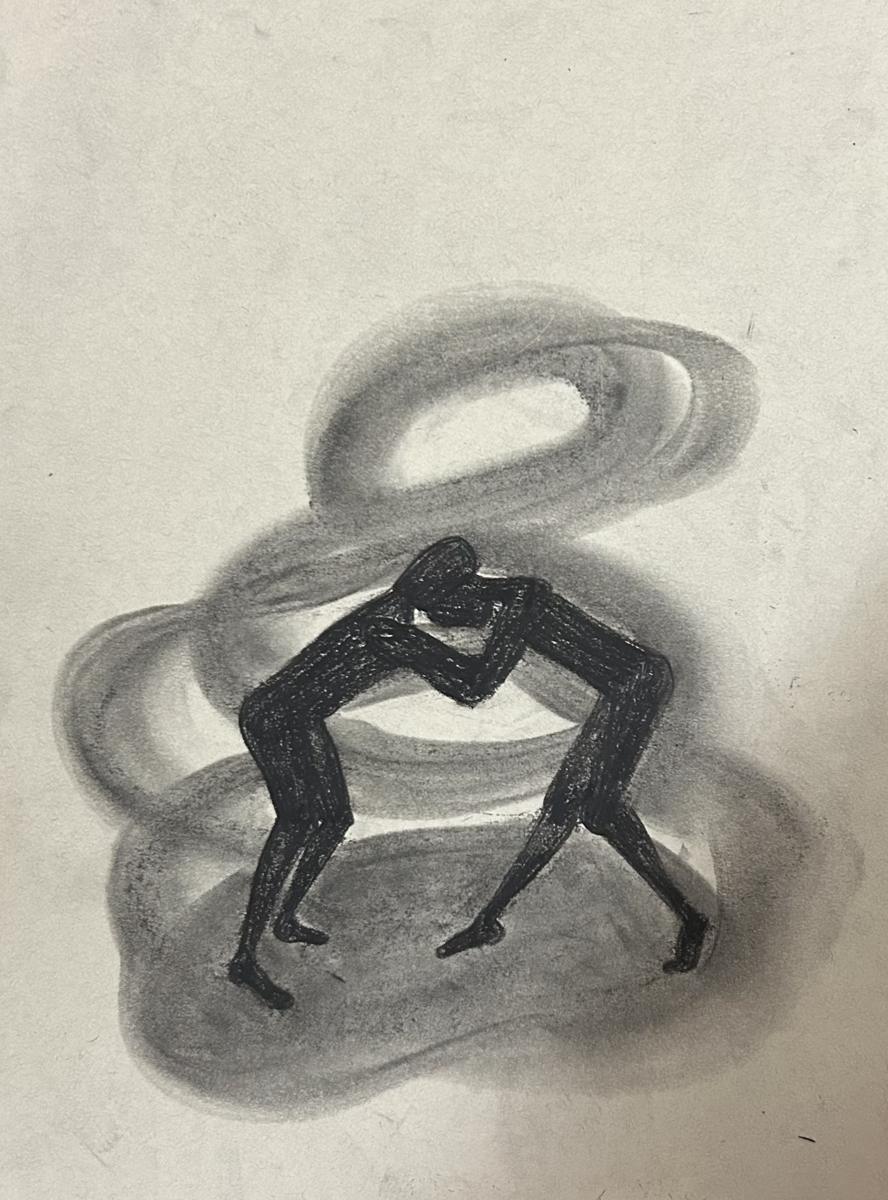 Charcoal drawing: two figures locked in a wrestling embrace