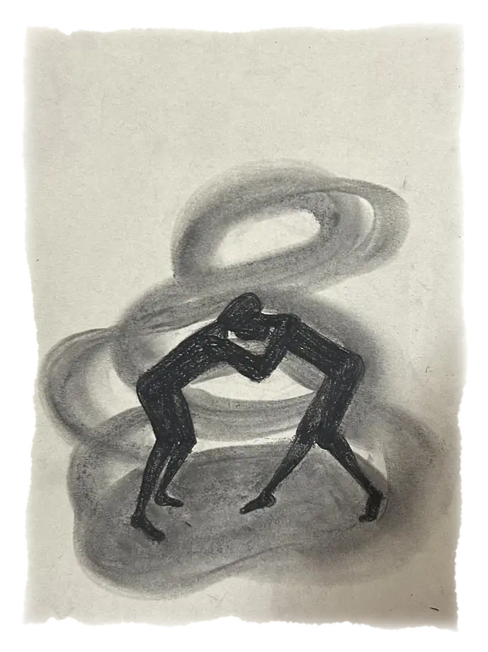 Charcoal drawing: two figures locked in a wrestling embrace