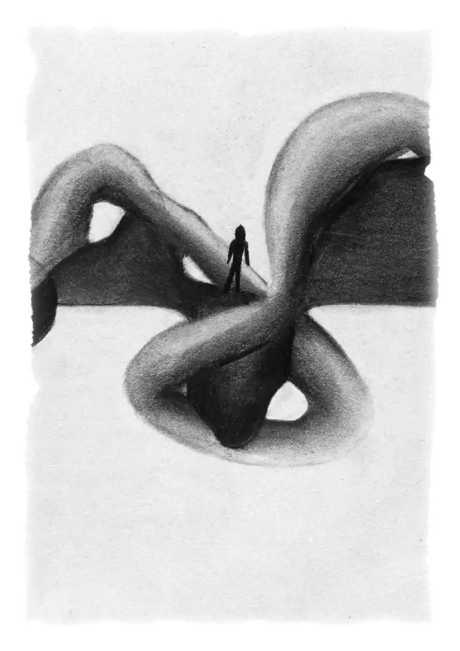 Charcoal drawing: a figure walking a path over strange knotted forms